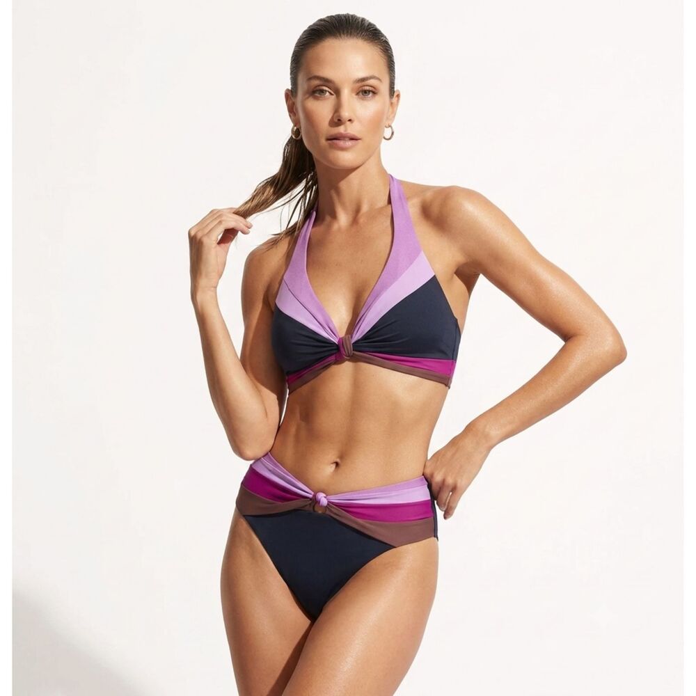 Robin Piccone Billie Halter Bikini Set Colorblock High Waist Knot Swim Medium